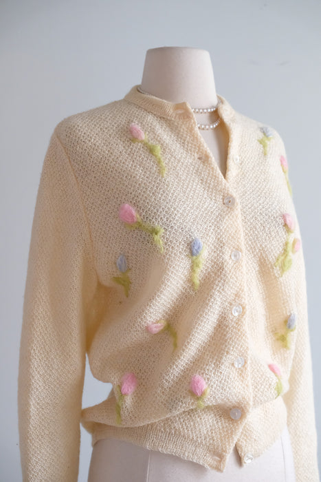 Vintage 1960's Ivory Mohair Tulip Cardigan by Majestic / ML
