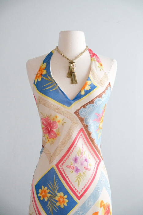 Vintage 1990's Floral Silk Chiffon Novelty Print Dress from Laundry by Shelli Segal / SM