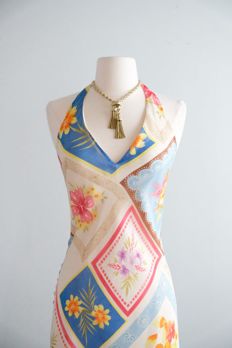 Vintage 1990's Floral Silk Chiffon Novelty Print Dress from Laundry by Shelli Segal / SM