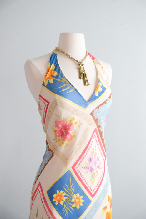 Vintage 1990's Floral Silk Chiffon Novelty Print Dress from Laundry by Shelli Segal / SM