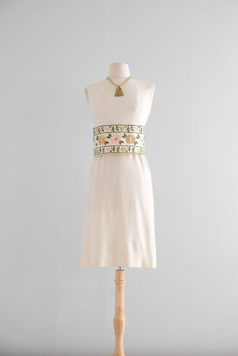 Vintage 1960's Ivory Wool Jersey Shift with Gold Brocade Florals by Minx Modes / XS