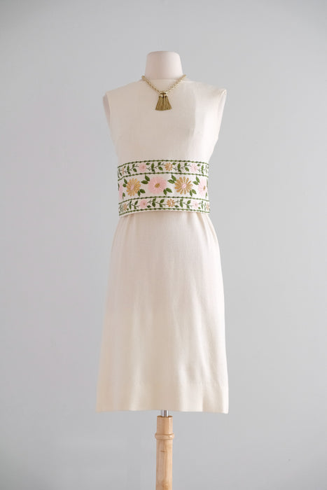 Vintage 1960's Ivory Wool Jersey Shift with Gold Brocade Florals by Minx Modes / XS