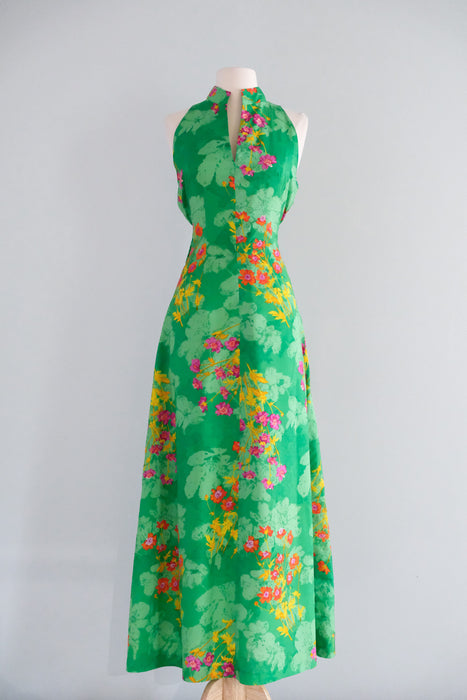 Vintage 1970's Spring Green & Fuchsia Floral Silk Gown / M