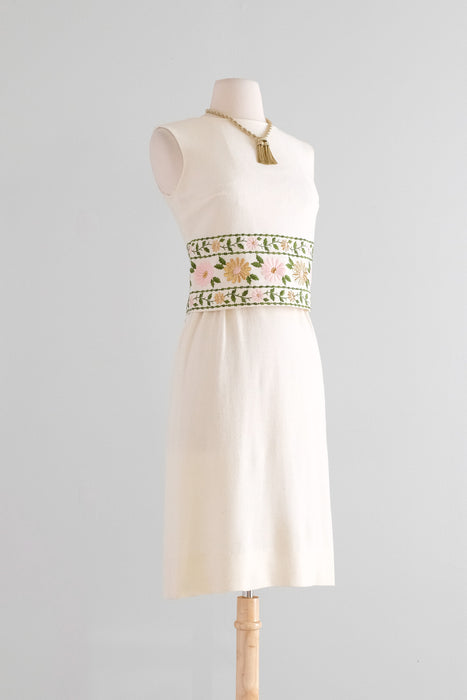 Vintage 1960's Ivory Wool Jersey Shift with Gold Brocade Florals by Minx Modes / XS