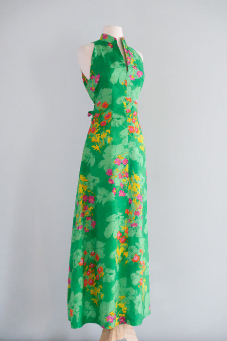 Vintage 1970's Spring Green & Fuchsia Floral Silk Gown / M