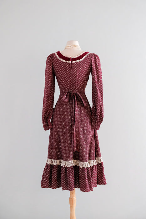 Vintage 1970's Autumnal Burgundy Calico Red Prairie Style Dress / S Xtabay Vintage Vintage 1970's Autumnal Burgundy Calico Red Prairie Style Dress / S Xtabay Vintage