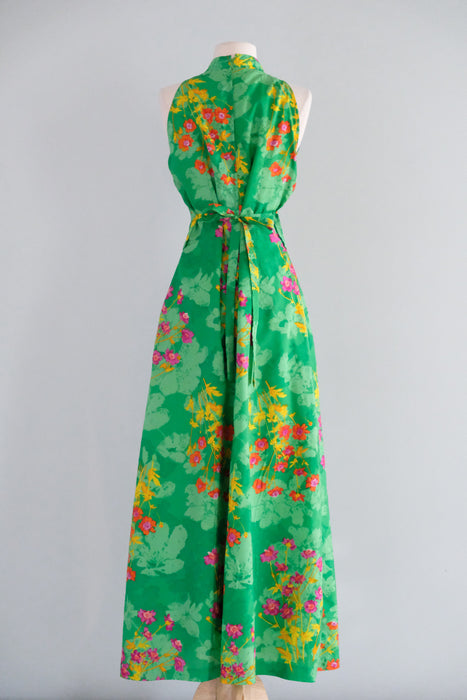 Vintage 1970's Spring Green & Fuchsia Floral Silk Gown / M