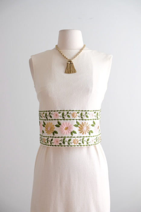Vintage 1960's Ivory Wool Jersey Shift with Gold Brocade Florals by Minx Modes / XS