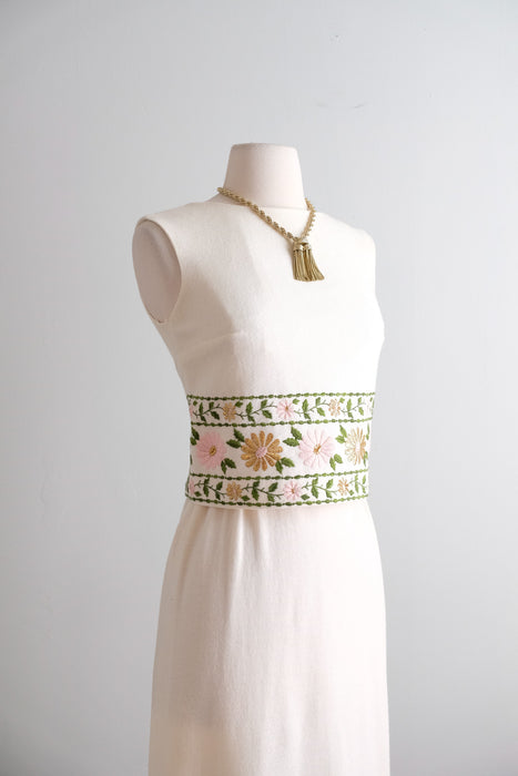 Vintage 1960's Ivory Wool Jersey Shift with Gold Brocade Florals by Minx Modes / XS