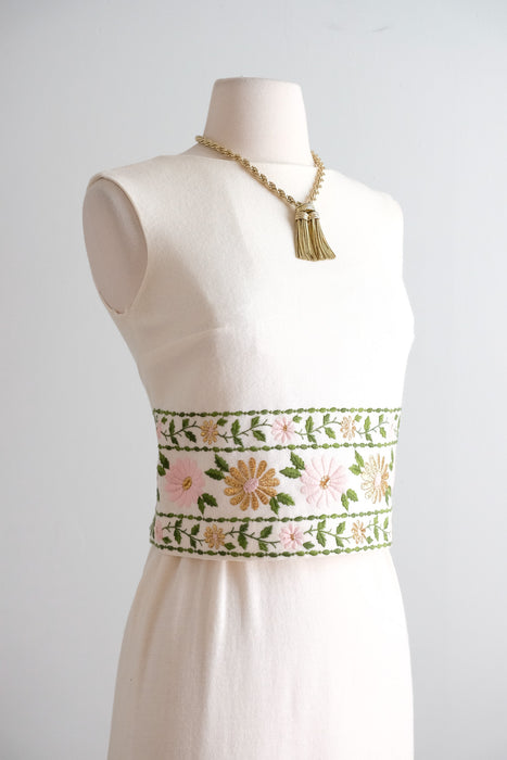 Vintage 1960's Ivory Wool Jersey Shift with Gold Brocade Florals by Minx Modes / XS
