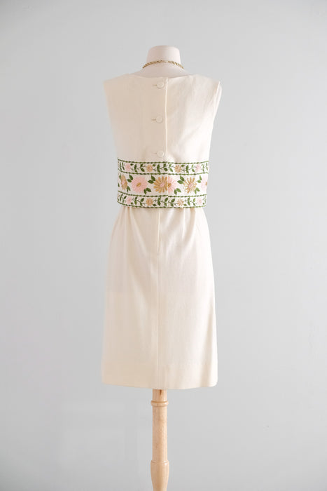 Vintage 1960's Ivory Wool Jersey Shift with Gold Brocade Florals by Minx Modes / XS