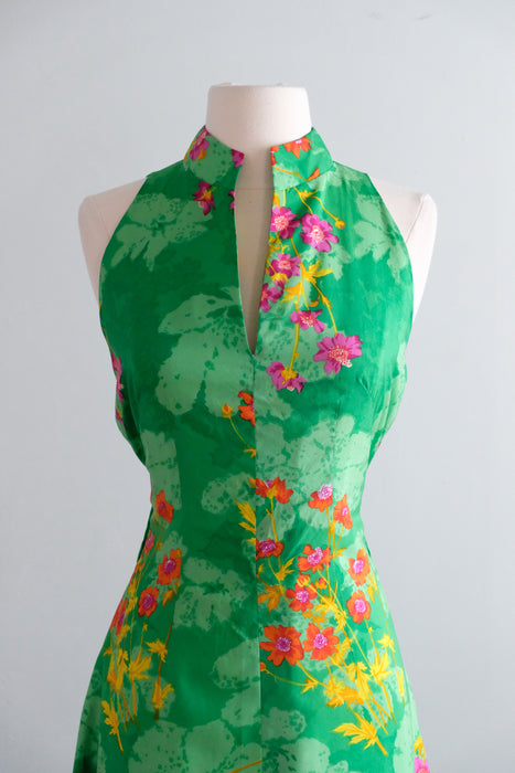 Vintage 1970's Spring Green & Fuchsia Floral Silk Gown / M