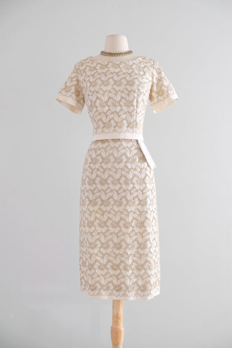 Vintage 1960's Ivory & Beige Floral Embroidered Linen Eyelet Dress / M