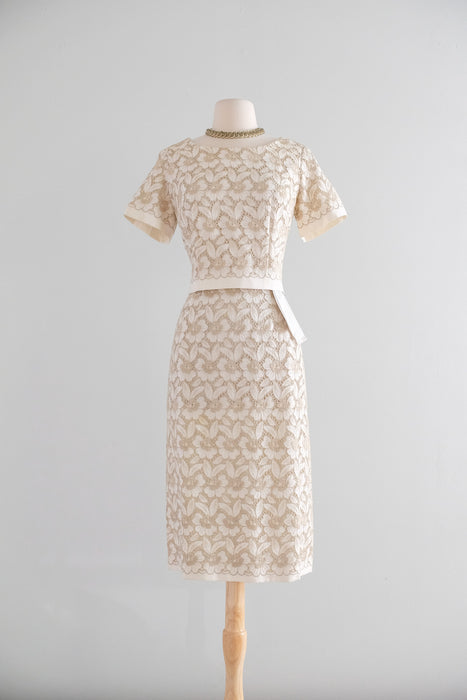 Vintage 1960's Ivory & Beige Floral Embroidered Linen Eyelet Dress / M Xtabay Vintage Vintage 1960's Ivory & Beige Floral Embroidered Linen Eyelet Dress / M Xtabay Vintage