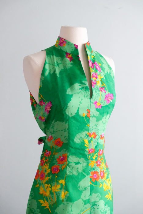 Vintage 1970's Spring Green & Fuchsia Floral Silk Gown / M