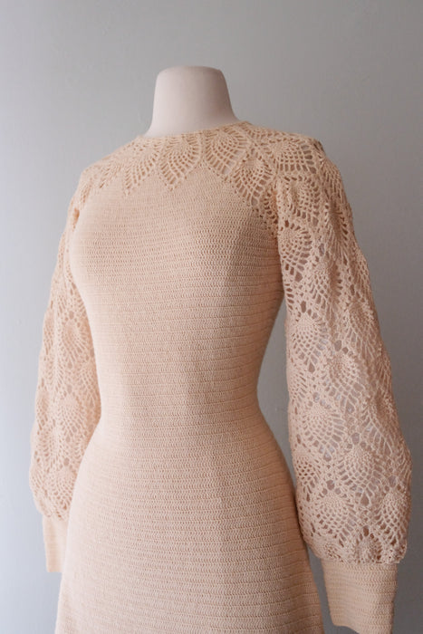 Cutest 1970's Ivory Cream Crochet Knit Day Dress/ Sz M