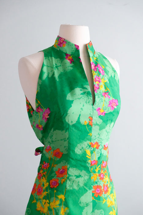 Vintage 1970's Spring Green & Fuchsia Floral Silk Gown / M