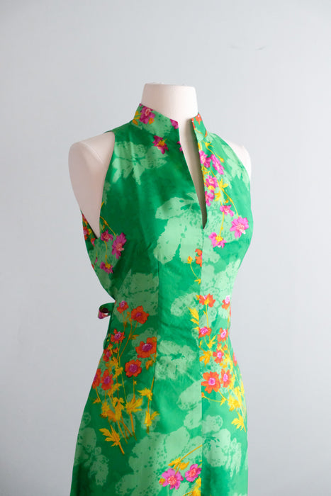 Vintage 1970's Spring Green & Fuchsia Floral Silk Gown / M
