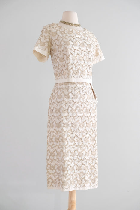 Vintage 1960's Ivory & Beige Floral Embroidered Linen Eyelet Dress / M