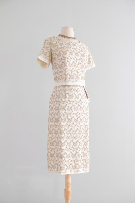 Vintage 1960's Ivory & Beige Floral Embroidered Linen Eyelet Dress / M