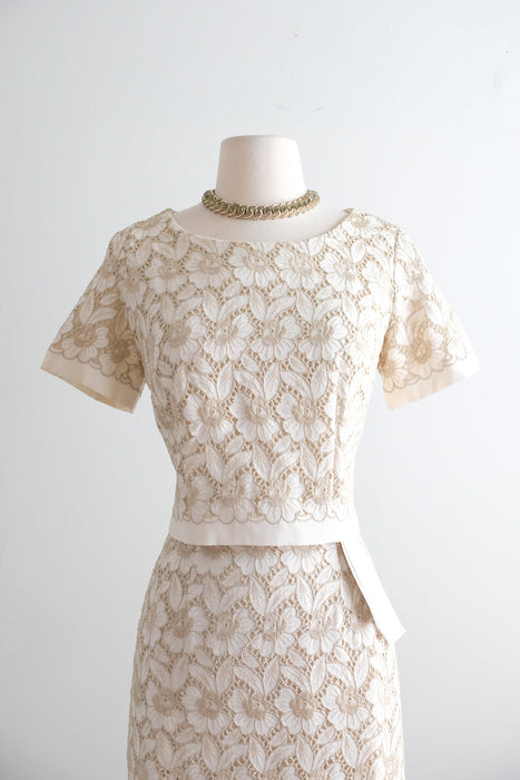 Vintage 1960's Ivory & Beige Floral Embroidered Linen Eyelet Dress / M