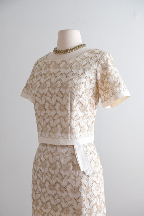 Vintage 1960's Ivory & Beige Floral Embroidered Linen Eyelet Dress / M