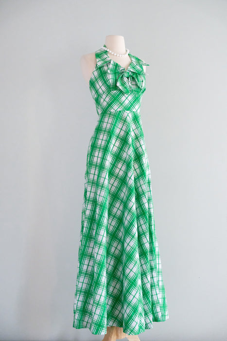 Vintage 1970's Kelly Green & Ivory Plaid Seersucker Dress by Mikey Jrs. of California / S