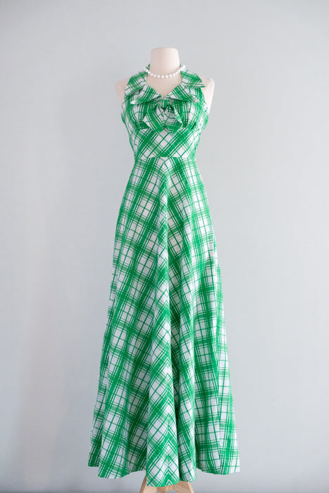 Vintage 1970's Kelly Green & Ivory Plaid Seersucker Dress by Mikey Jrs. of California / S