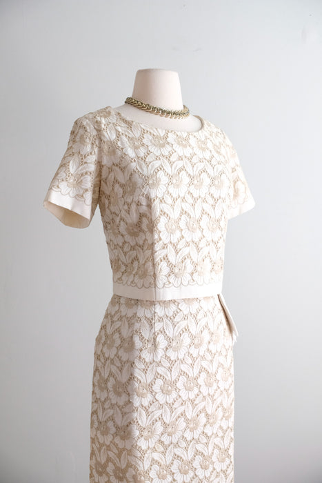 Vintage 1960's Ivory & Beige Floral Embroidered Linen Eyelet Dress / M
