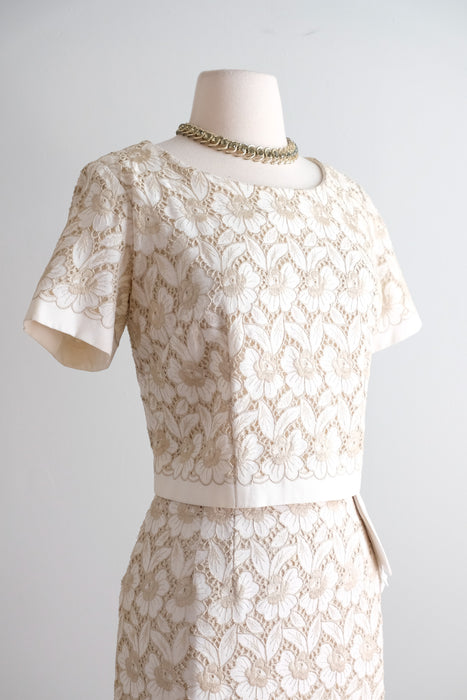 Vintage 1960's Ivory & Beige Floral Embroidered Linen Eyelet Dress / M