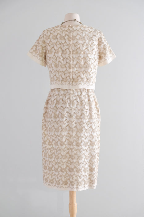 Vintage 1960's Ivory & Beige Floral Embroidered Linen Eyelet Dress / M
