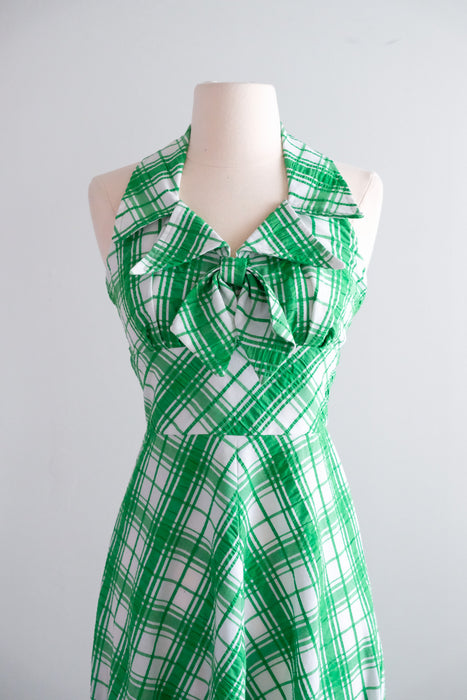 Vintage 1970's Kelly Green & Ivory Plaid Seersucker Dress by Mikey Jrs. of California / S