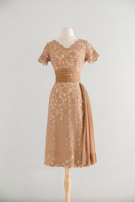Vintage 1950's Nude Beige Lace Cocktail Dress by Norman / S