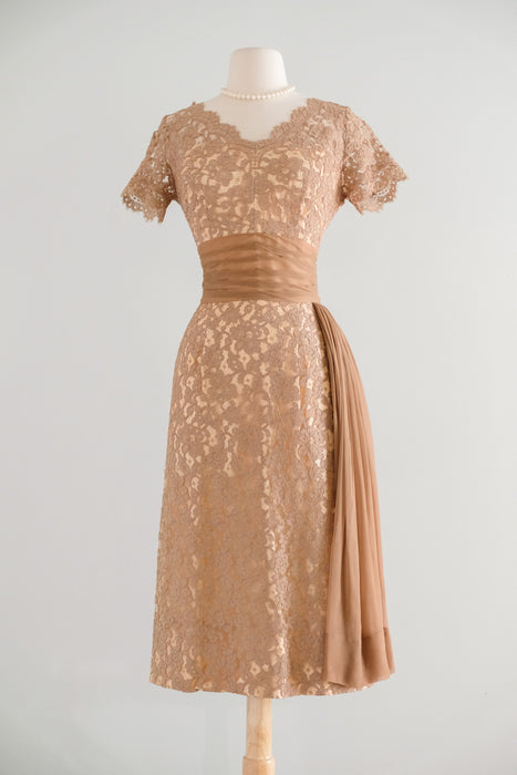 Vintage 1950's Nude Beige Lace Cocktail Dress by Norman / S