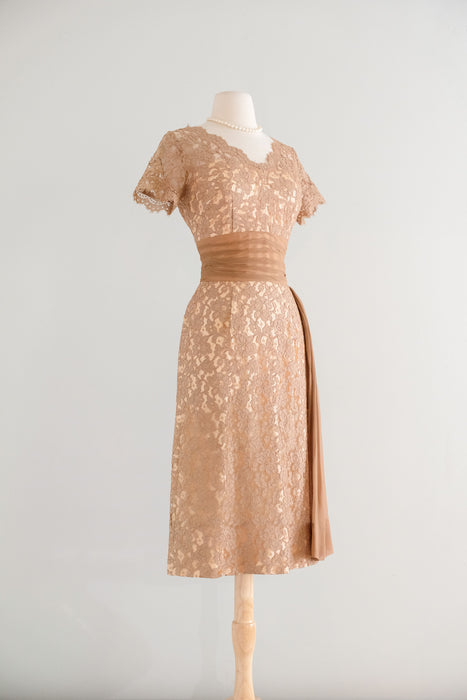 Vintage 1950's Nude Beige Lace Cocktail Dress by Norman / S