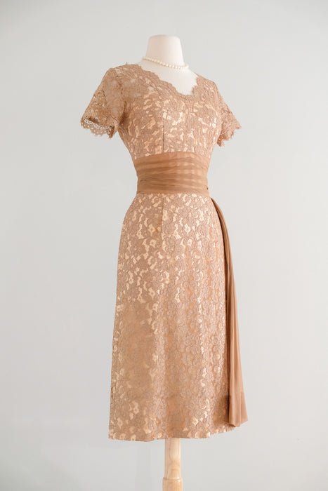 Vintage 1950's Nude Beige Lace Cocktail Dress by Norman / S