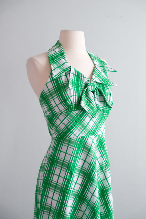Vintage 1970's Kelly Green & Ivory Plaid Seersucker Dress by Mikey Jrs. of California / S