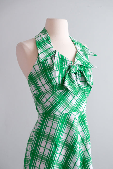 Vintage 1970's Kelly Green & Ivory Plaid Seersucker Dress by Mikey Jrs. of California / S