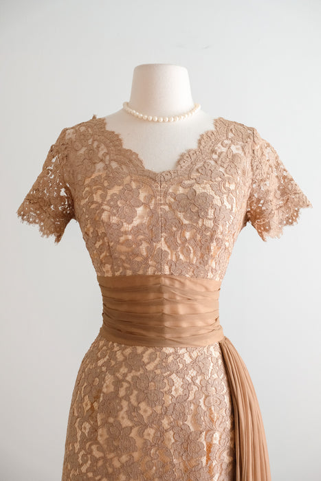 Vintage 1950's Nude Beige Lace Cocktail Dress by Norman / S