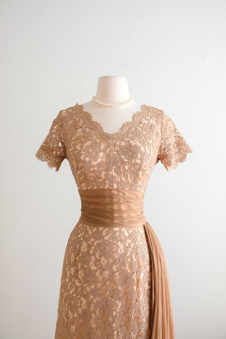 Vintage 1950's Nude Beige Lace Cocktail Dress by Norman / S