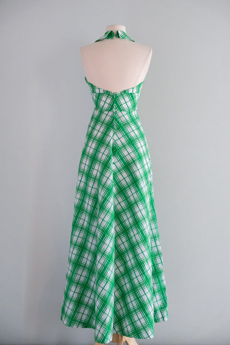 Vintage 1970's Kelly Green & Ivory Plaid Seersucker Dress by Mikey Jrs. of California / S