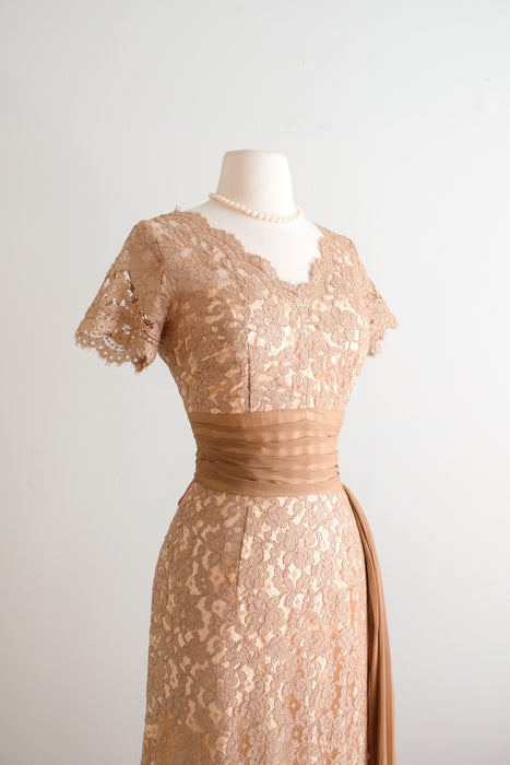 Vintage 1950's Nude Beige Lace Cocktail Dress by Norman / S