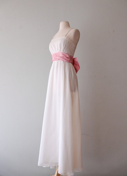 Sweet 1970's Ivory & Baby Pink Eyelet Gown / Sz XS