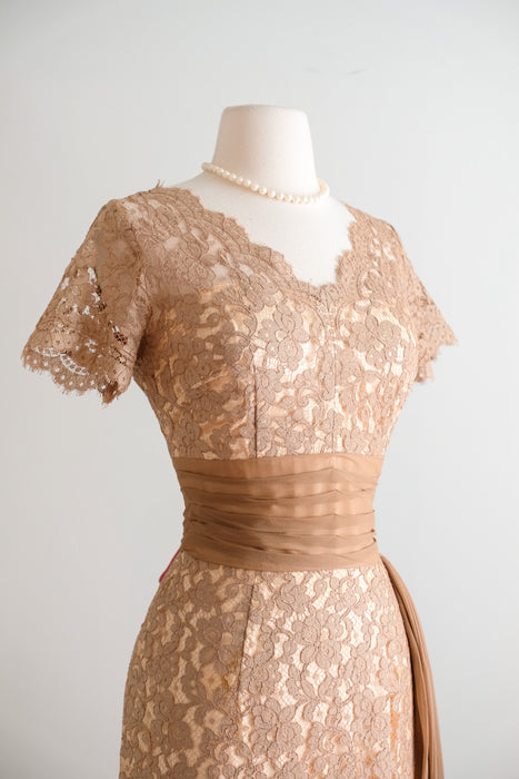 Vintage 1950's Nude Beige Lace Cocktail Dress by Norman / S