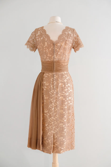 Vintage 1950's Nude Beige Lace Cocktail Dress by Norman / S