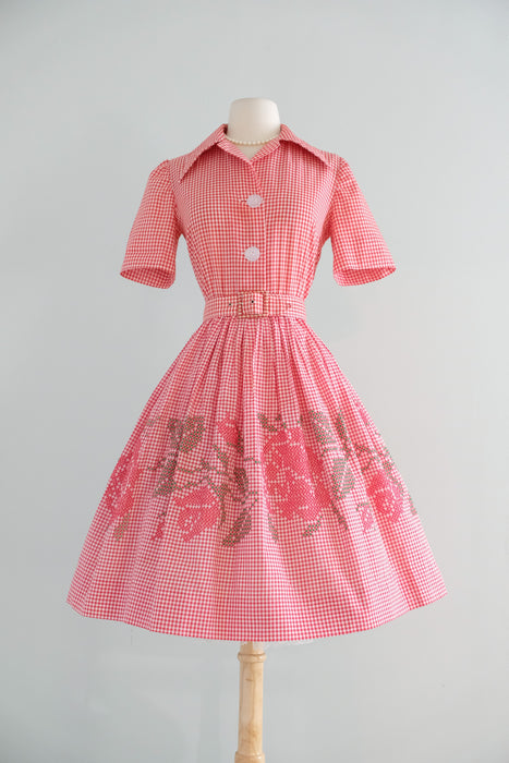 Vintage 1960's Red Gingham Cross Stitch Cotton Picnic Dress / ML