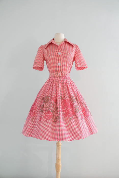 Vintage 1960's Red Gingham Cross Stitch Cotton Picnic Dress / ML