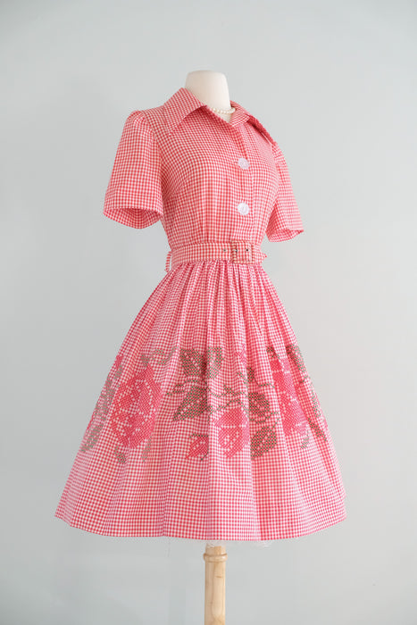 Vintage 1960's Red Gingham Cross Stitch Cotton Picnic Dress / ML