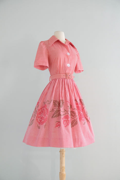 Vintage 1960's Red Gingham Cross Stitch Cotton Picnic Dress / ML