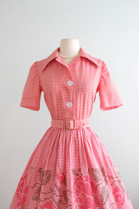 Vintage 1960's Red Gingham Cross Stitch Cotton Picnic Dress / ML